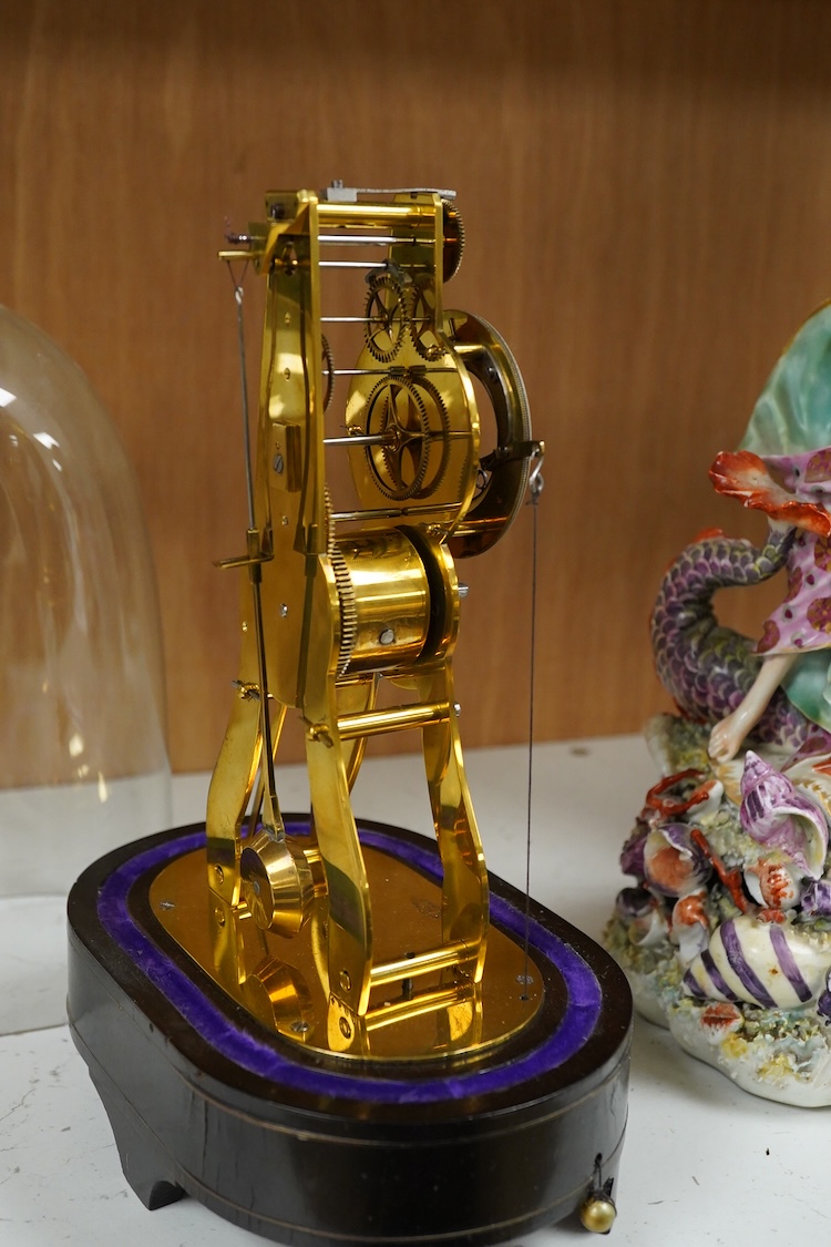 A late 19th century French eight day skeleton timepiece with alarm under glass dome, stamped 'Ms Honorables Exp. Paris Londres' with key